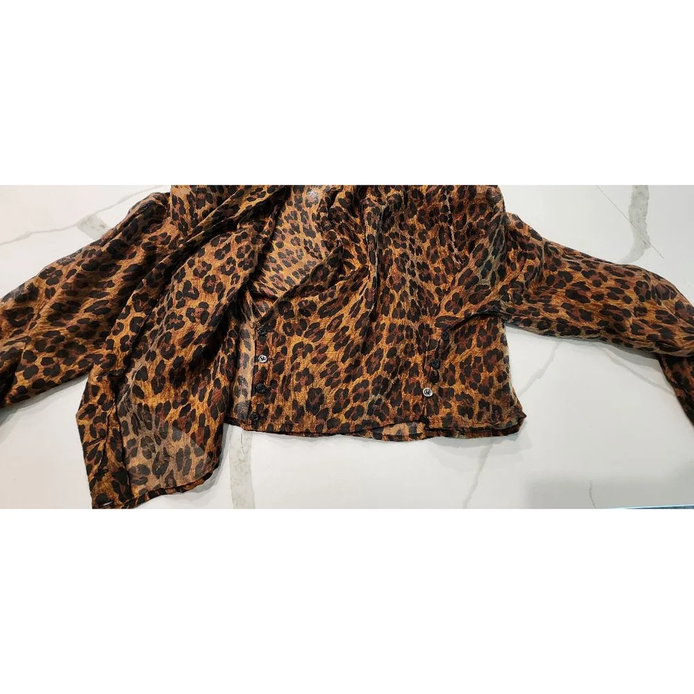 Vintage 80s Portara Leopard Print Sheer Wrap Blouse Size S 38 German Designer